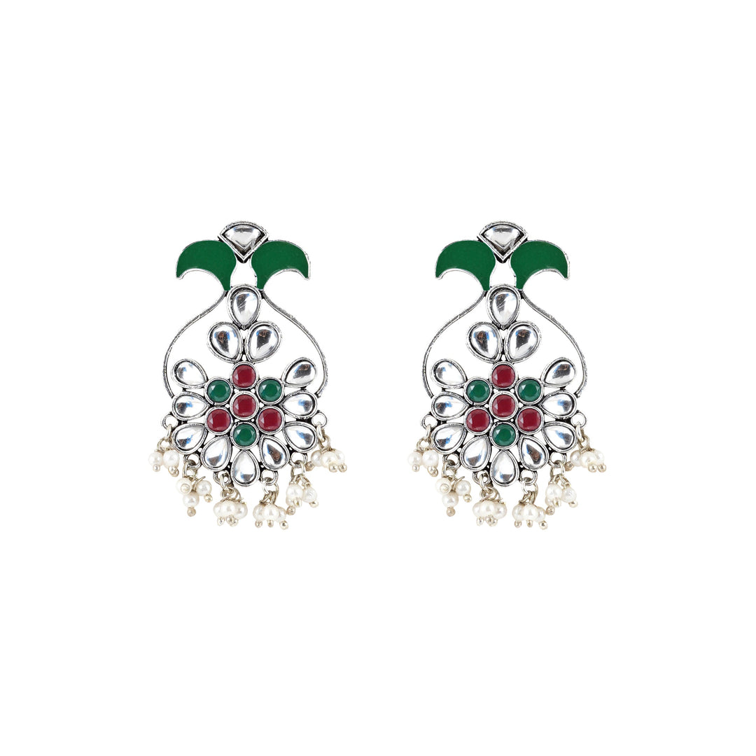 Teejh Sunehri Green Red Silver Oxidised Earring