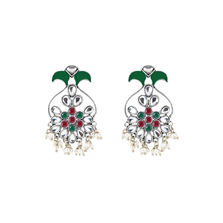 Teejh Sunehri Green Red Silver Oxidised Earring