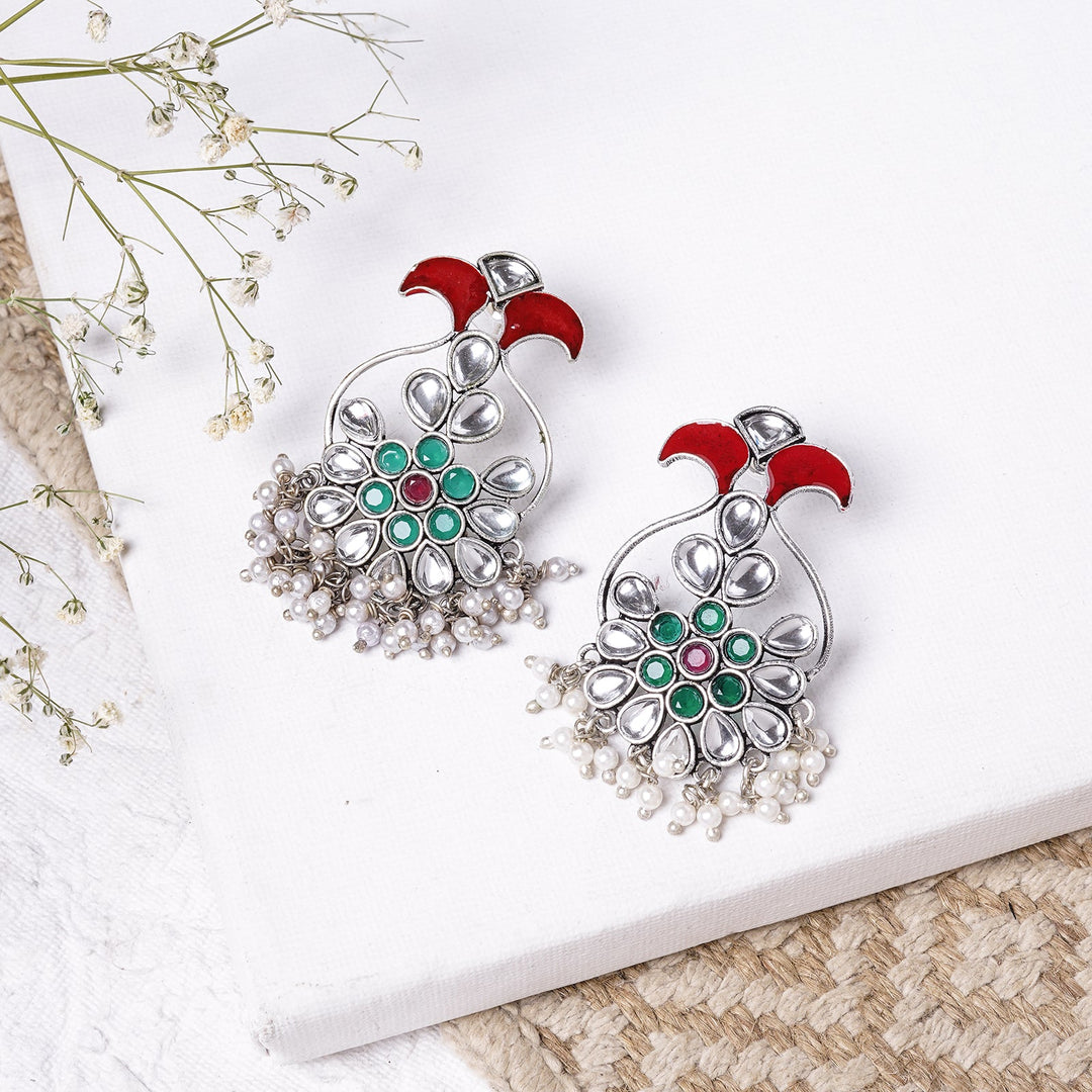 Teejh Roopangi Red and Green Silver Oxidised Earring