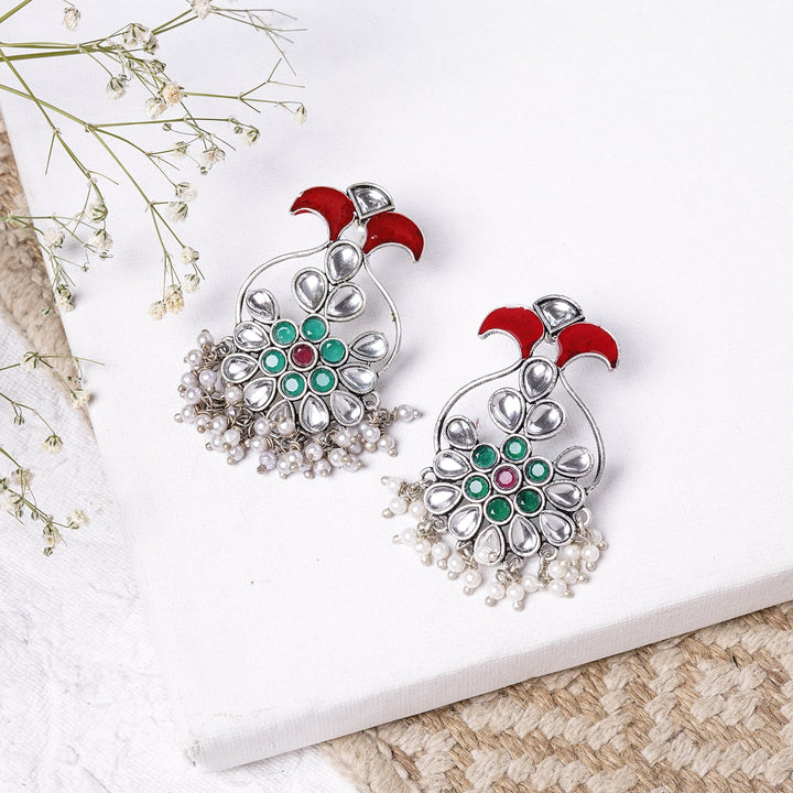 Teejh Roopangi Red and Green Silver Oxidised Earring