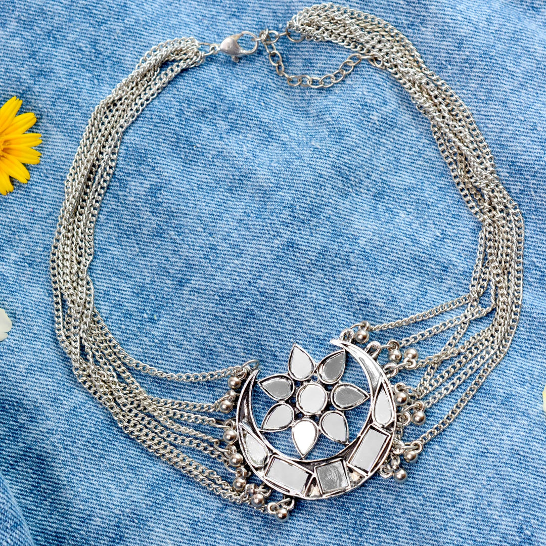 Palak Silver Oxidized Mirror Necklace - Joker & Witch