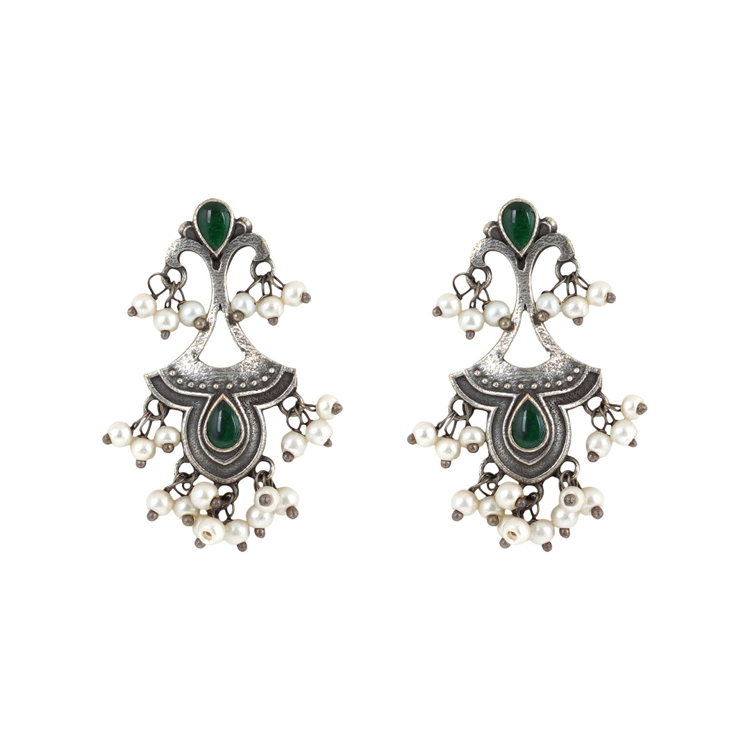 Teejh Nilay Green Stone Silver Oxidised Earring