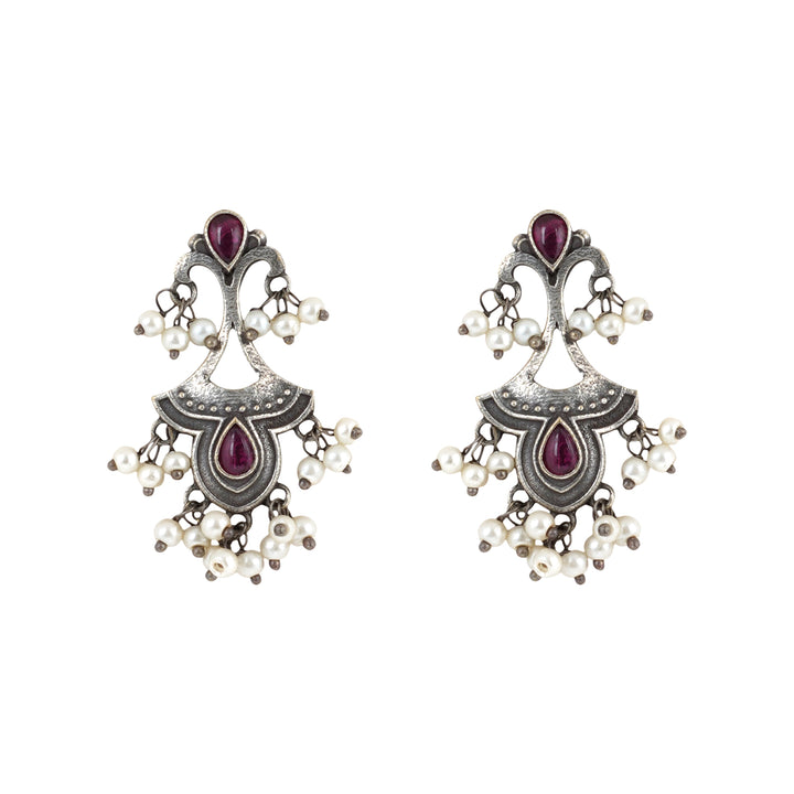 Teejh Nilay Red Stone Silver Oxidised Earring