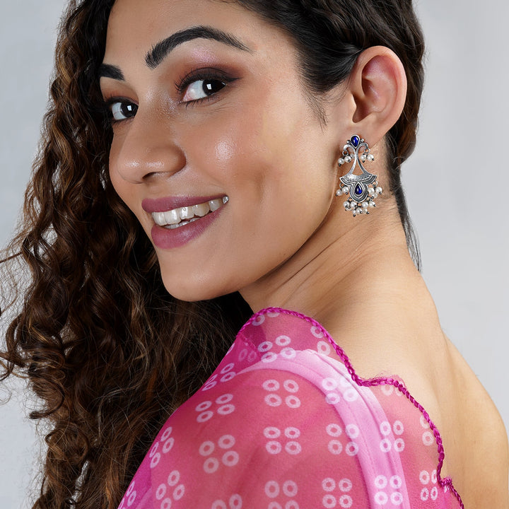 Teejh Nilay Dark Blue Stone Silver Oxidised Earring