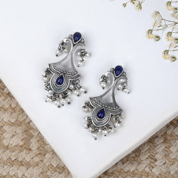 Teejh Nilay Dark Blue Stone Silver Oxidised Earring