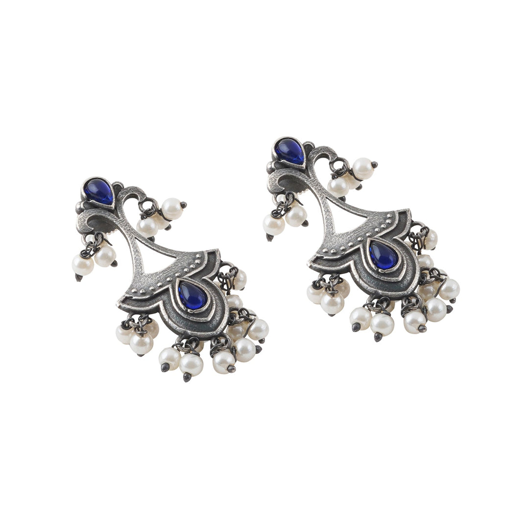 Teejh Nilay Dark Blue Stone Silver Oxidised Earring