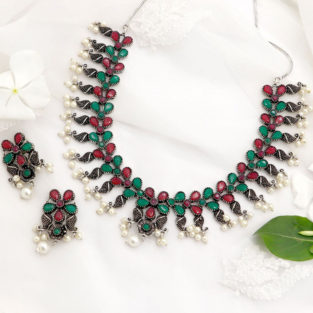 Niranjana Multi colored Silver Oxidized Necklace Set - Joker & Witch