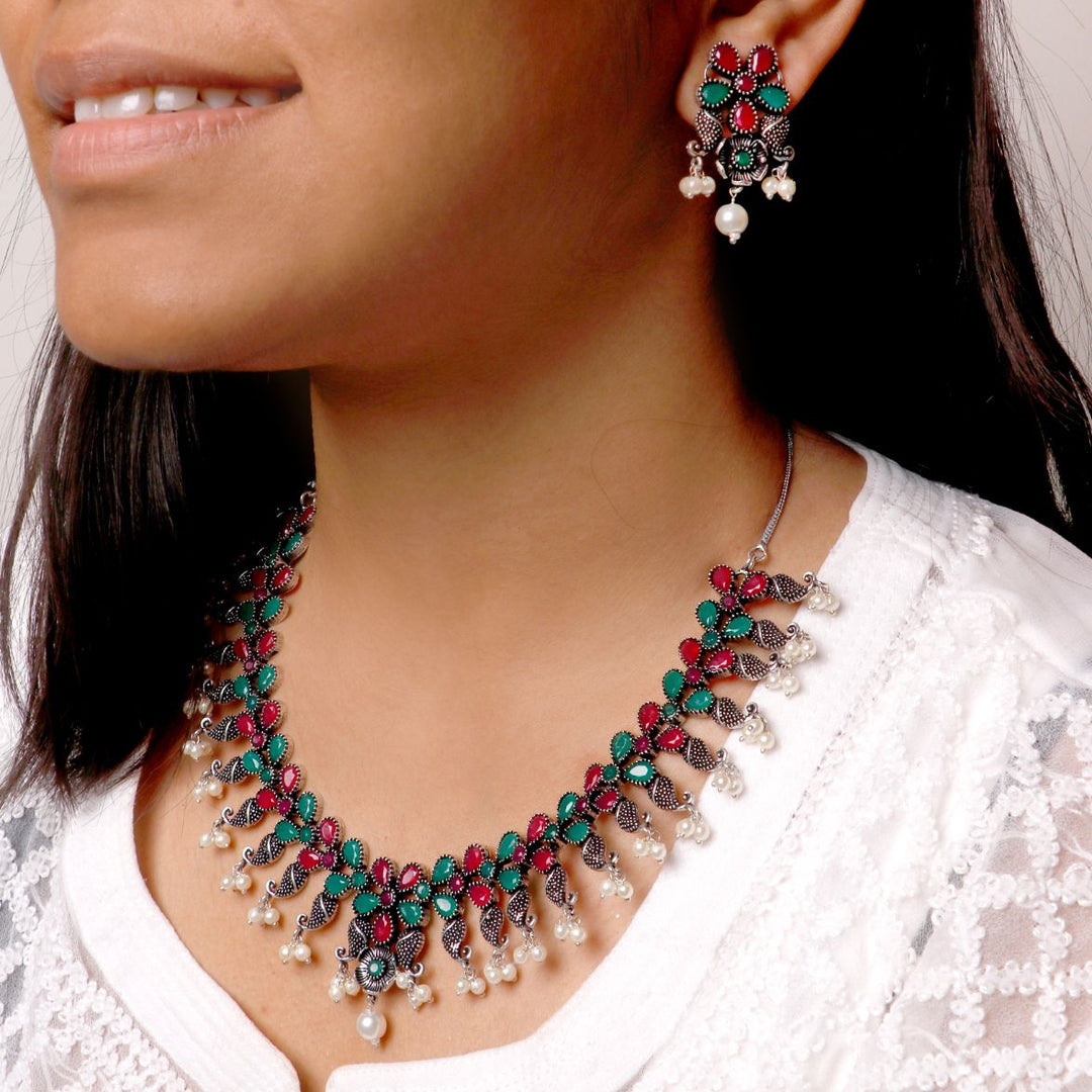 Niranjana Multi colored Silver Oxidized Necklace Set - Joker & Witch