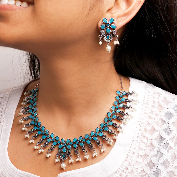 Niranjana Light Blue Stone Silver Oxidized Necklace Set - Joker & Witch
