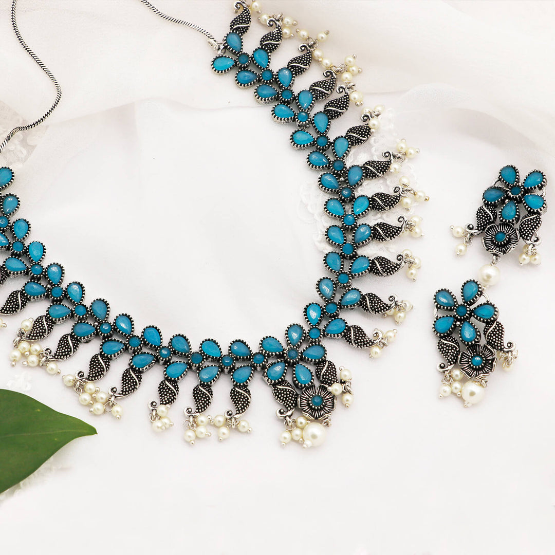 Niranjana Light Blue Stone Silver Oxidized Necklace Set - Joker & Witch