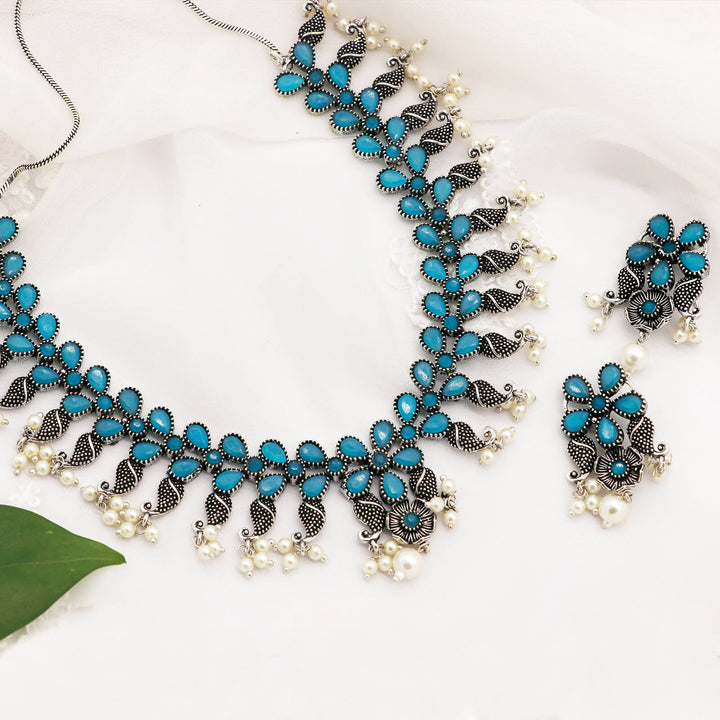 Niranjana Light Blue Stone Silver Oxidized Necklace Set - Joker & Witch