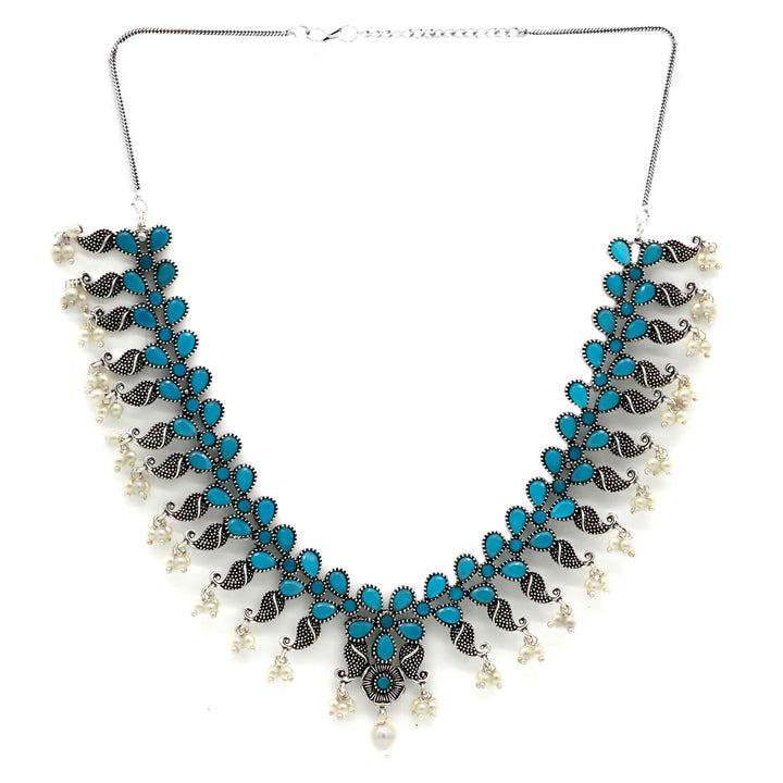 Niranjana Light Blue Stone Silver Oxidized Necklace Set - Joker & Witch