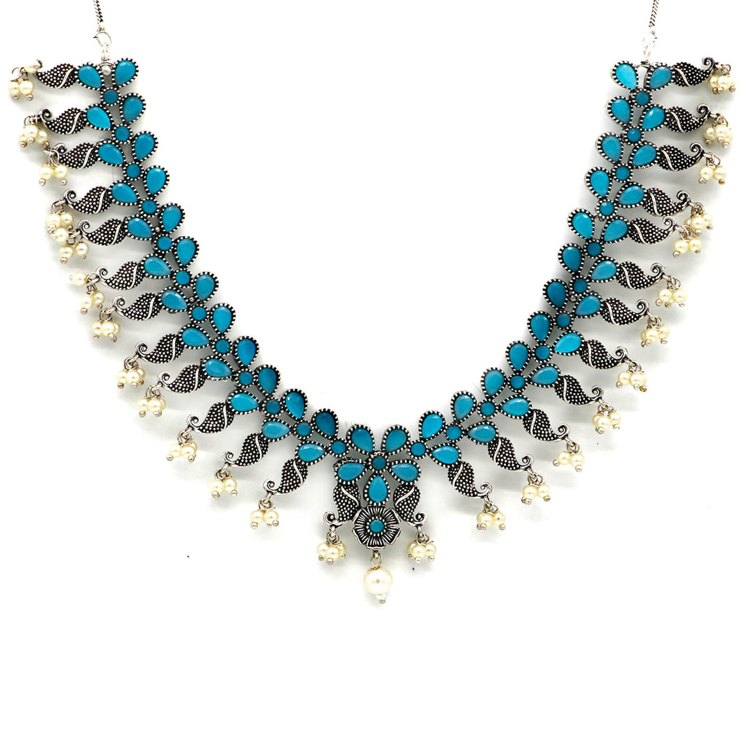 Niranjana Light Blue Stone Silver Oxidized Necklace Set - Joker & Witch