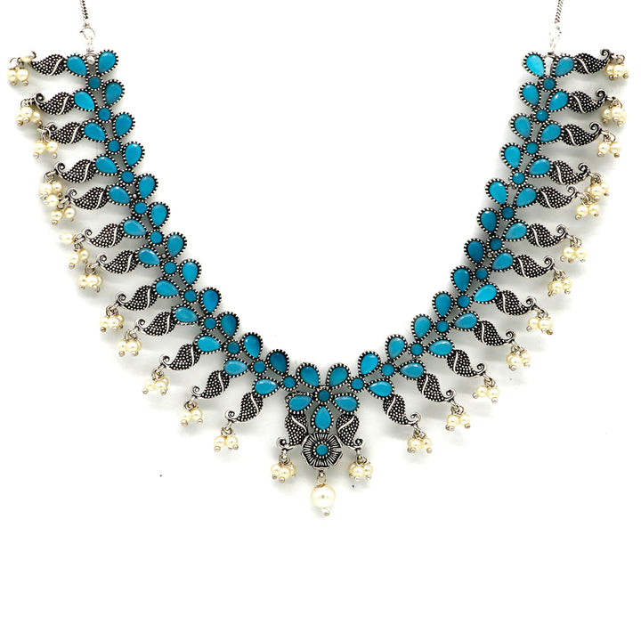 Niranjana Light Blue Stone Silver Oxidized Necklace Set - Joker & Witch