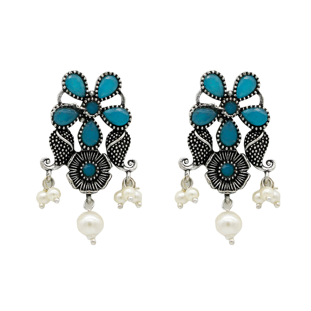 Niranjana Light Blue Stone Silver Oxidized Necklace Set - Joker & Witch