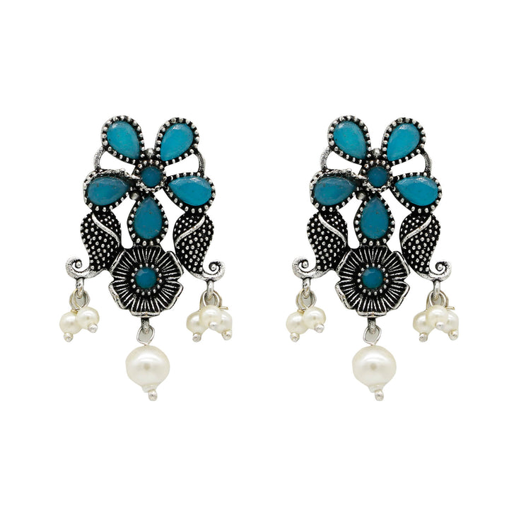 Niranjana Light Blue Stone Silver Oxidized Necklace Set - Joker & Witch