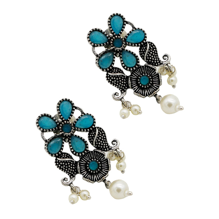 Niranjana Light Blue Stone Silver Oxidized Necklace Set - Joker & Witch