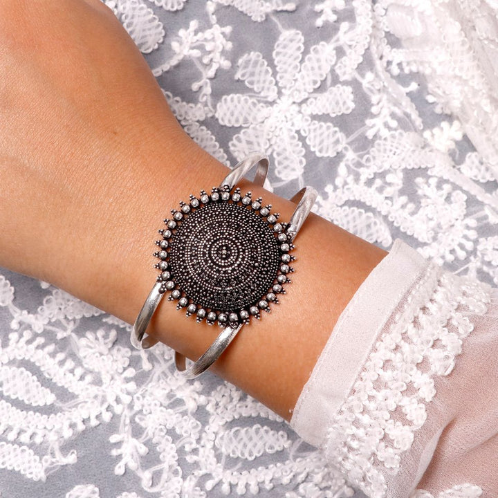 Kimaya Circular Silver Oxidized Cuff - Joker & Witch