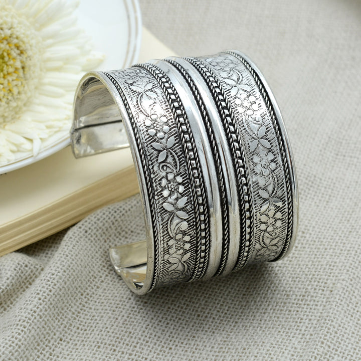 Raksha Floral Embossed Silver Oxidized Cuff - Joker & Witch