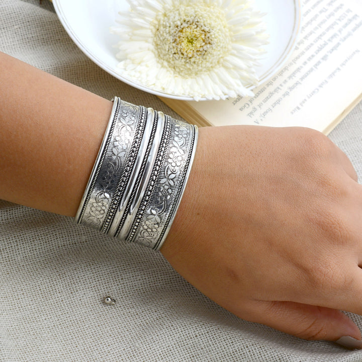 Raksha Floral Embossed Silver Oxidized Cuff - Joker & Witch