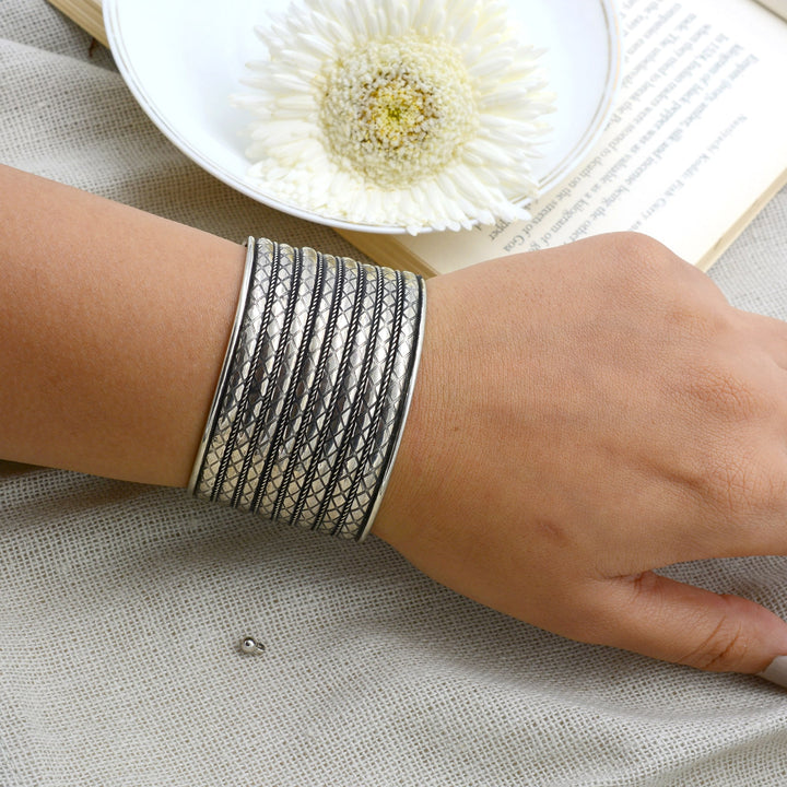 Zia Embossed Silver Oxidized Cuff - Joker & Witch