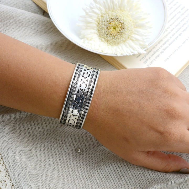 Chaya Floral Embossed Silver Oxidized Cuff - Joker & Witch