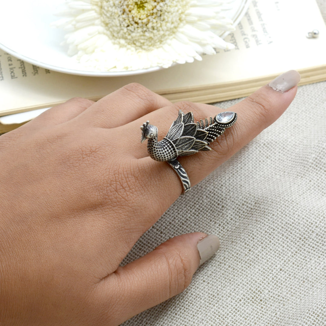 Sukriti Antique Silver Oxidized Peacock Ring - Joker & Witch
