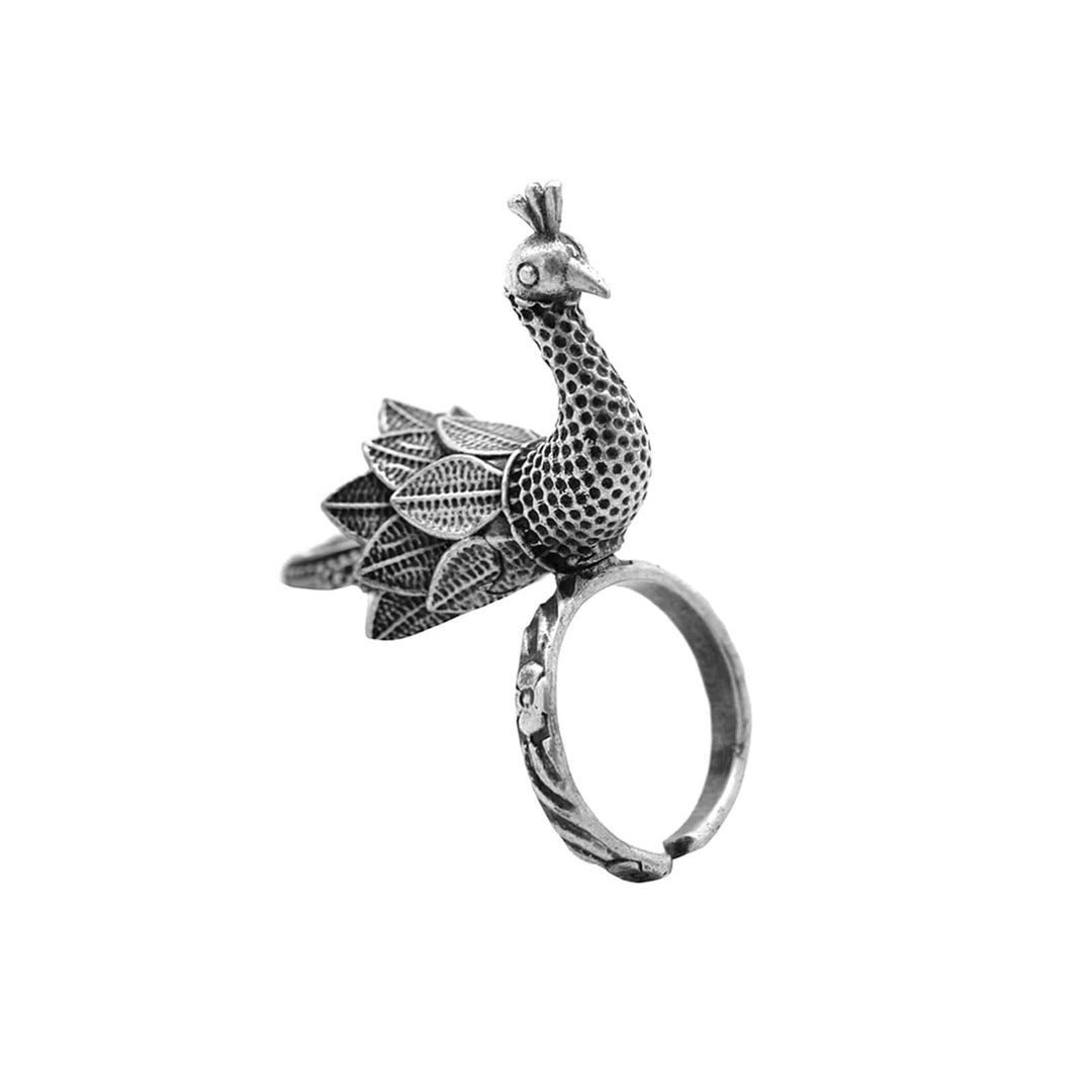 Sukriti Antique Silver Oxidized Peacock Ring - Joker & Witch