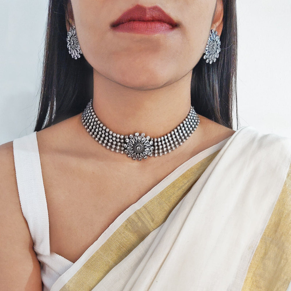 Sasha White Circular Silver Oxidized Necklace Set - Joker & Witch