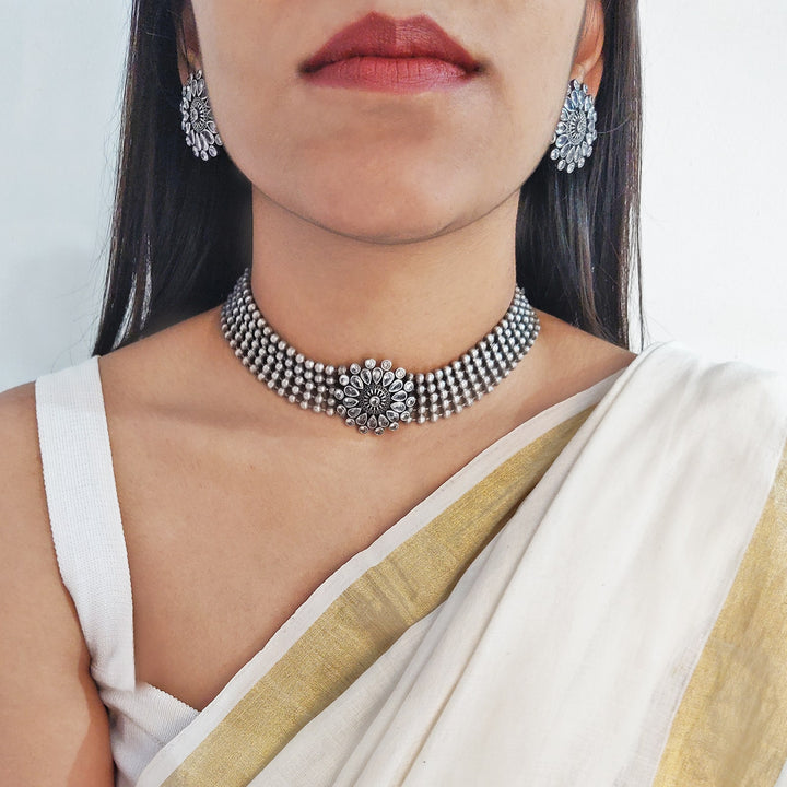 Sasha White Circular Silver Oxidized Necklace Set - Joker & Witch