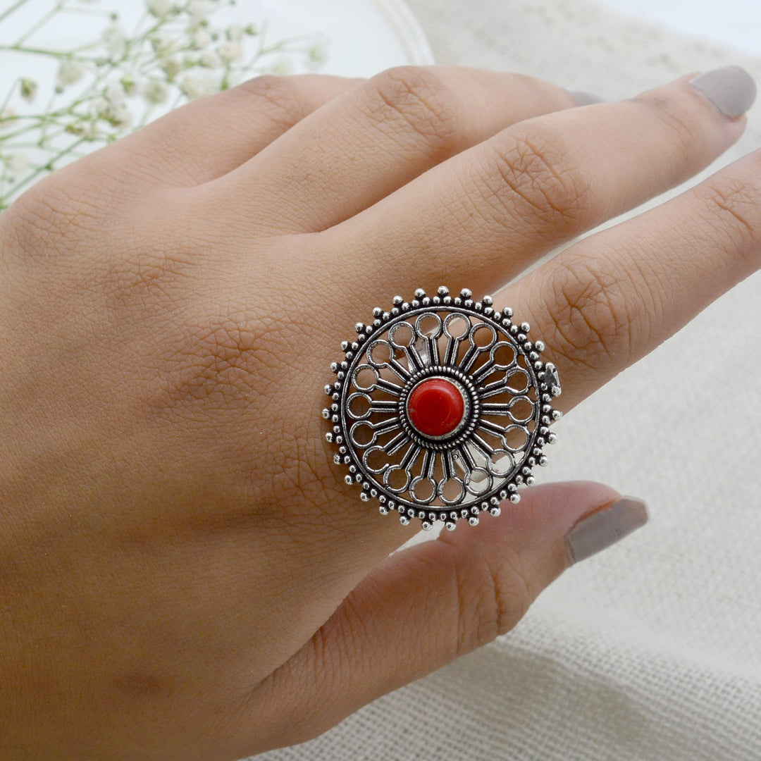 Aruna Red Silver Oxidized Ring - Joker & Witch