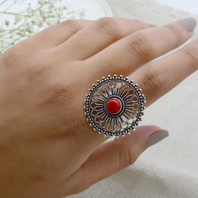 Aruna Red Silver Oxidized Ring - Joker & Witch