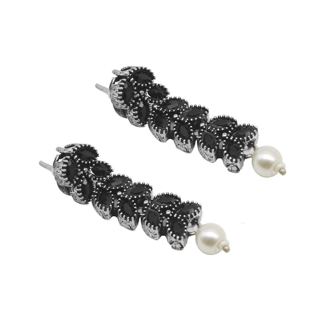 Niti Black Stone Silver Oxidized Long Necklace Set