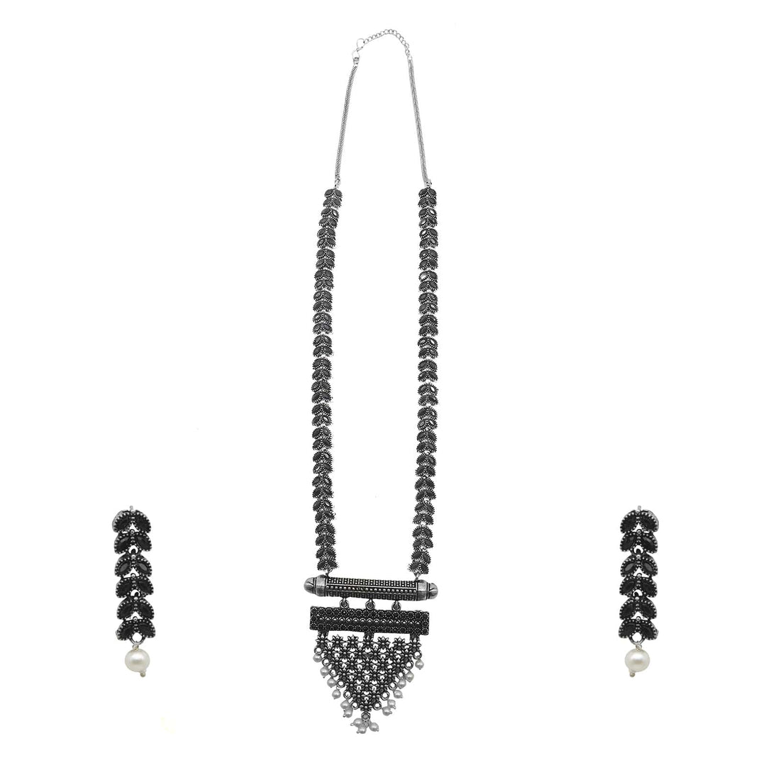 Niti Black Stone Silver Oxidized Long Necklace Set