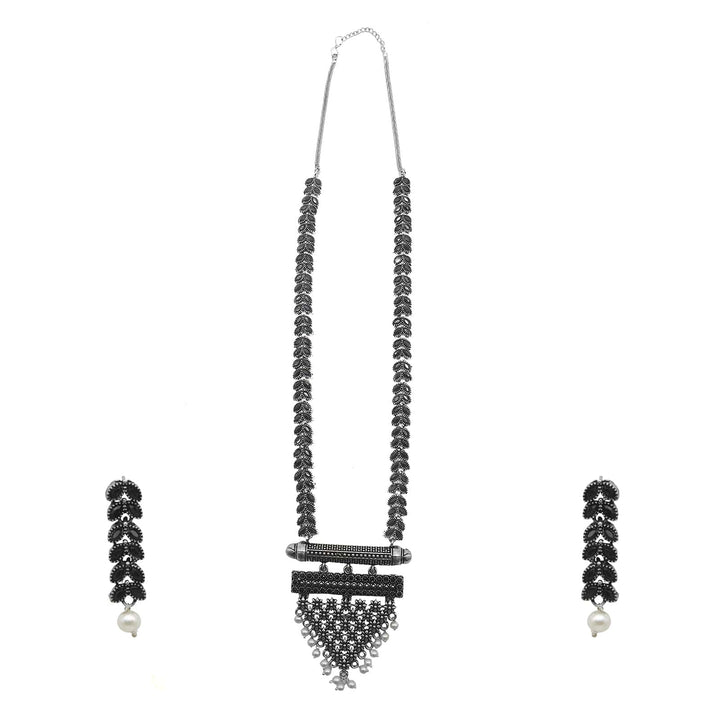 Niti Black Stone Silver Oxidized Long Necklace Set