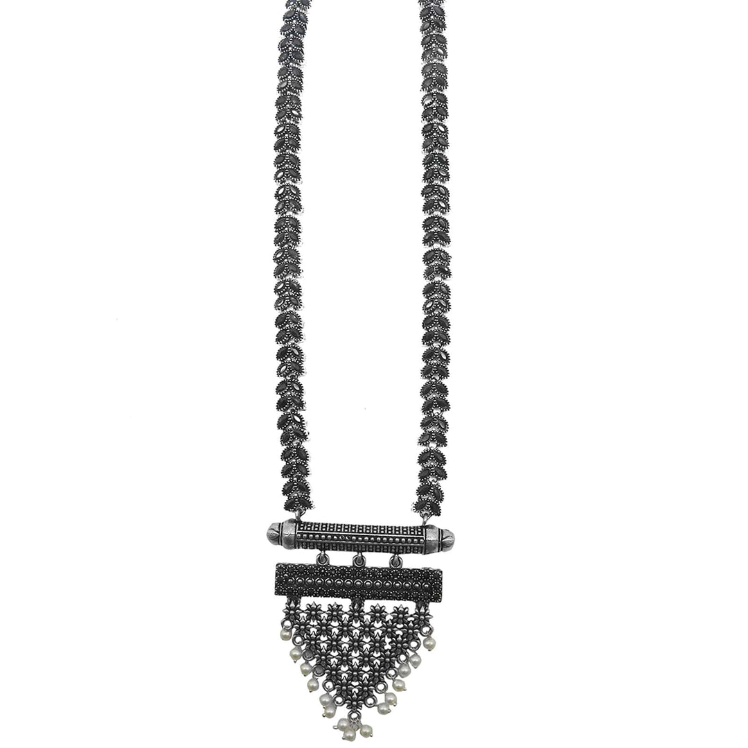 Niti Black Stone Silver Oxidized Long Necklace Set