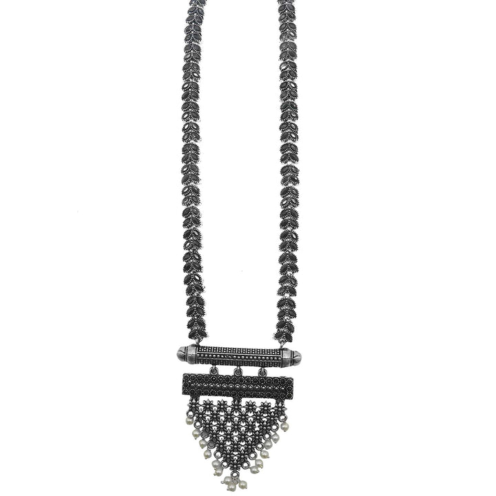 Niti Black Stone Silver Oxidized Long Necklace Set