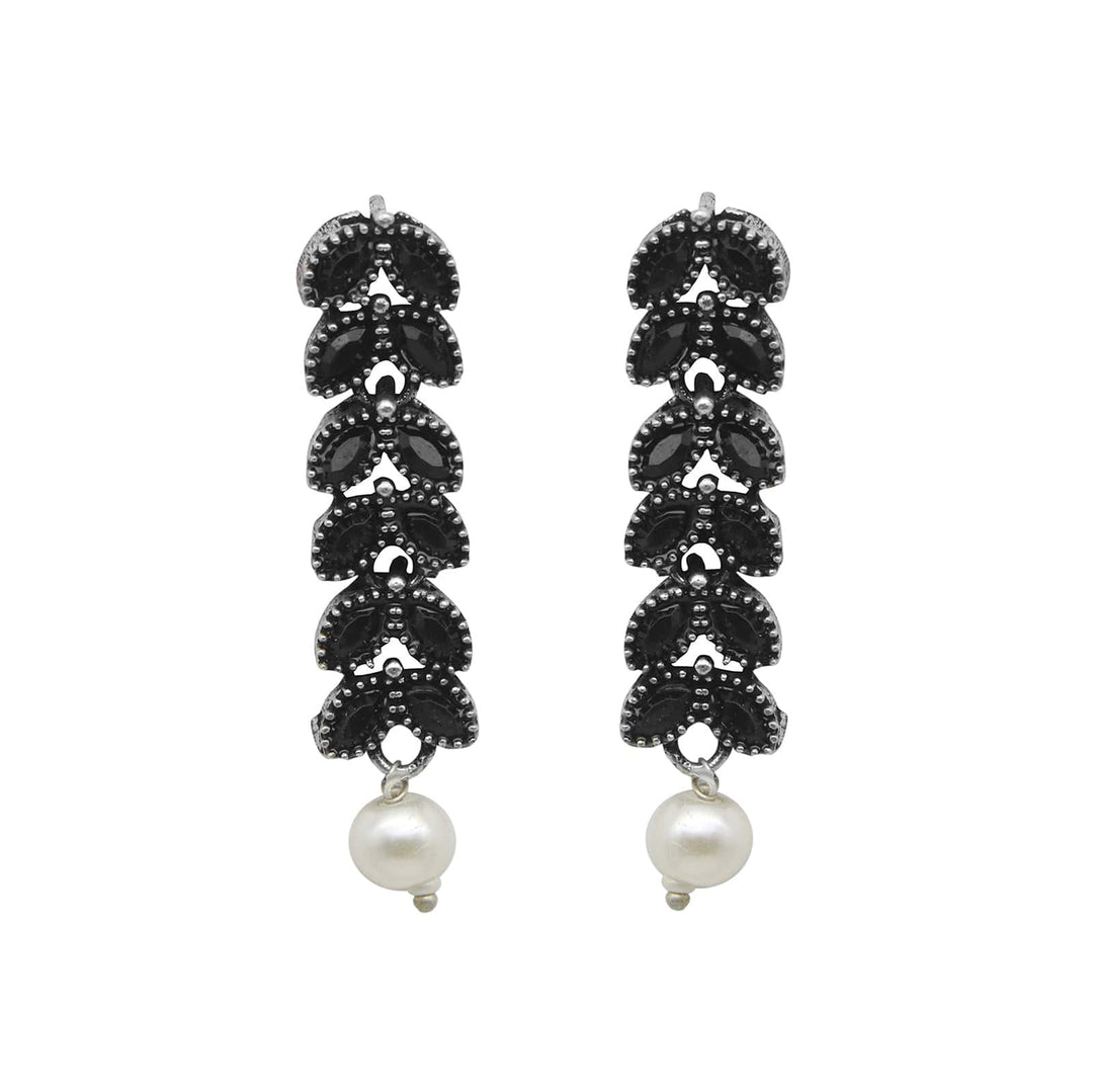 Niti Black Stone Silver Oxidized Long Necklace Set