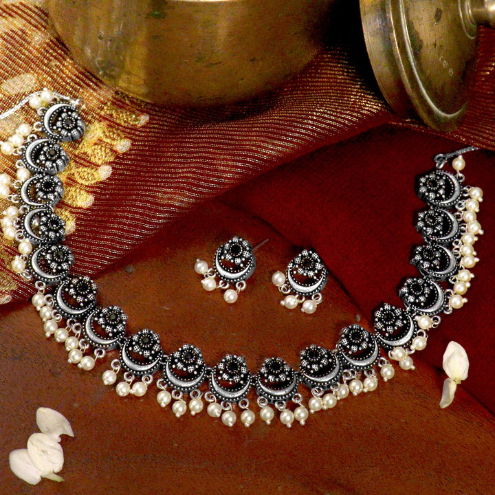Rupa Black Stone Silver Oxidized Floral Necklace Set