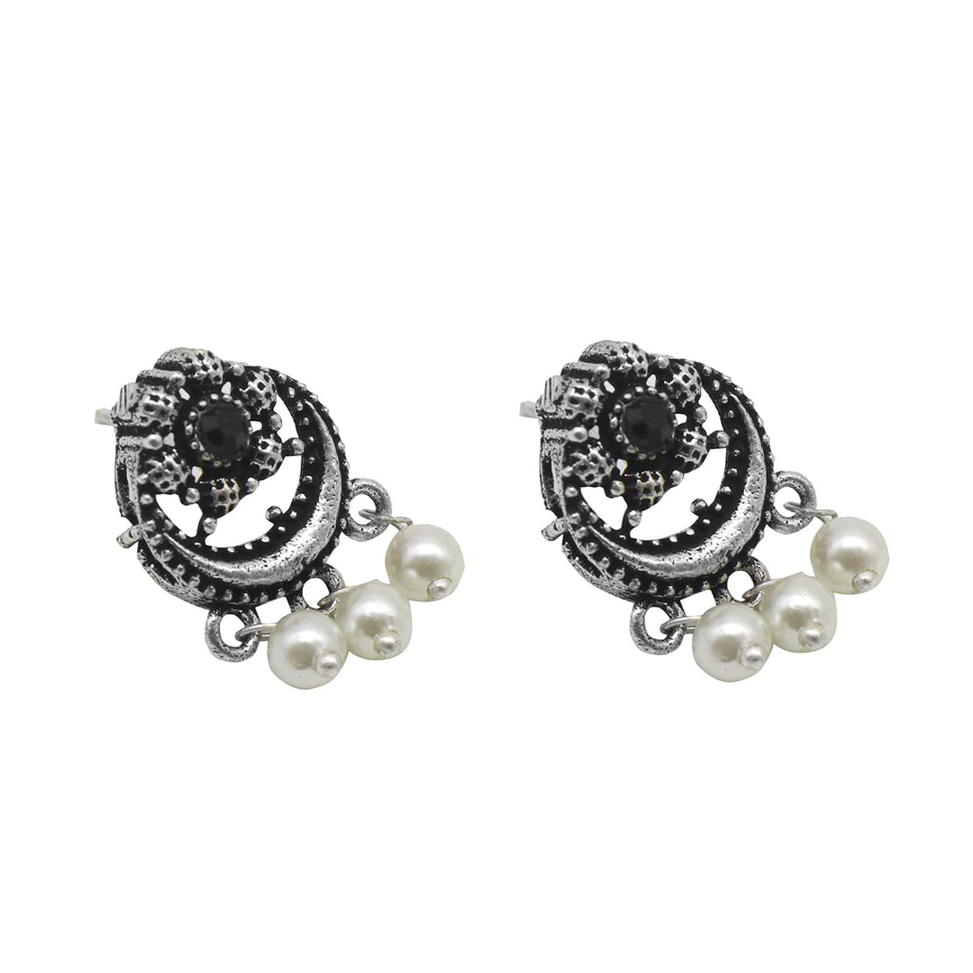 Rupa Black Stone Silver Oxidized Floral Necklace Set