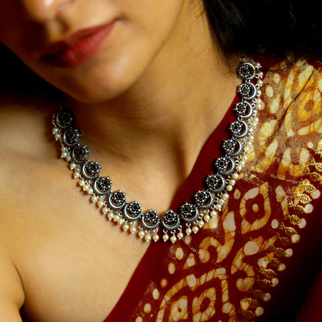 Rupa Black Stone Silver Oxidized Floral Necklace Set