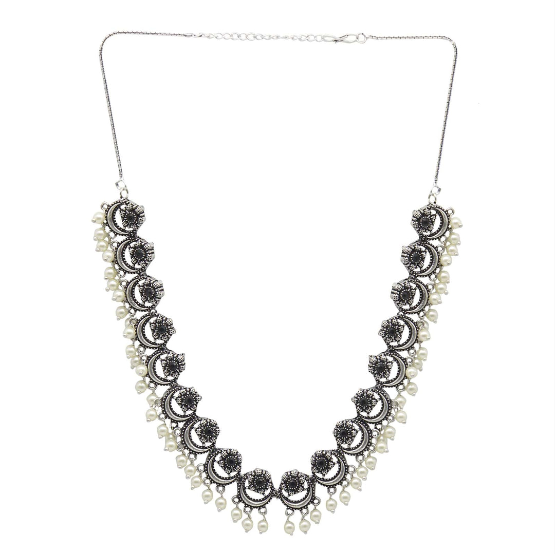Rupa Black Stone Silver Oxidized Floral Necklace Set