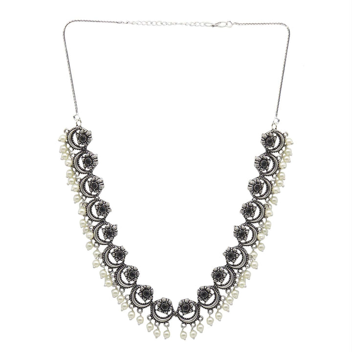 Rupa Black Stone Silver Oxidized Floral Necklace Set