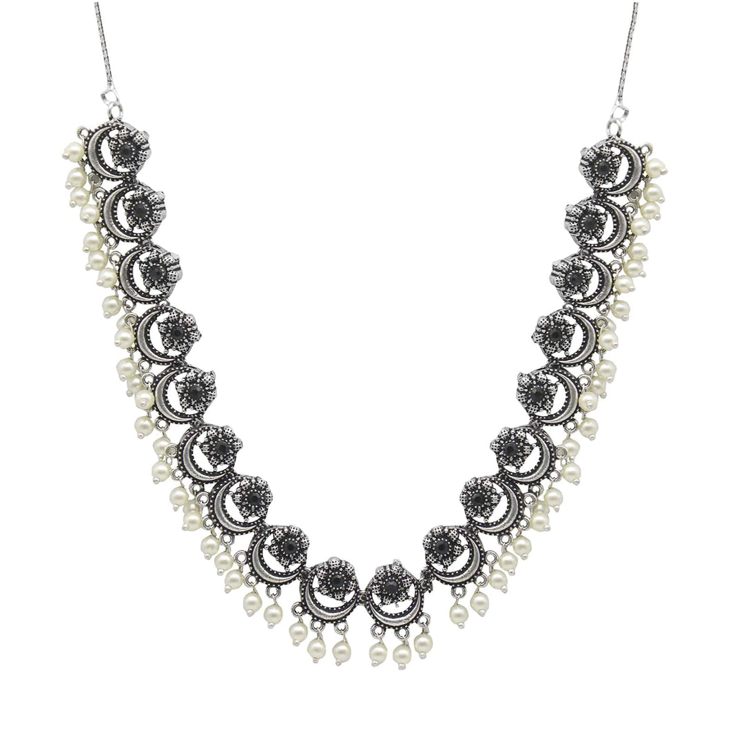 Rupa Black Stone Silver Oxidized Floral Necklace Set