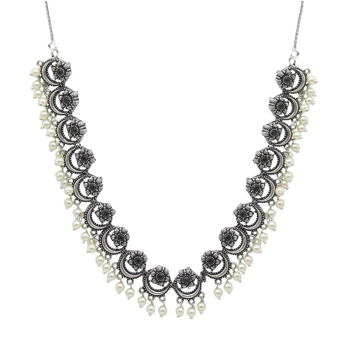 Rupa Black Stone Silver Oxidized Floral Necklace Set