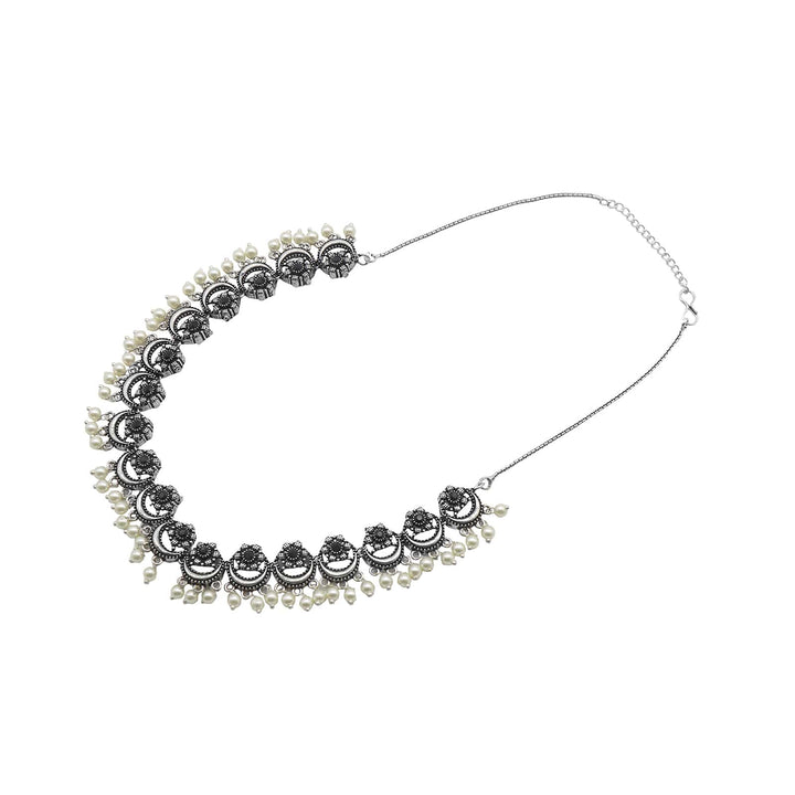 Rupa Black Stone Silver Oxidized Floral Necklace Set