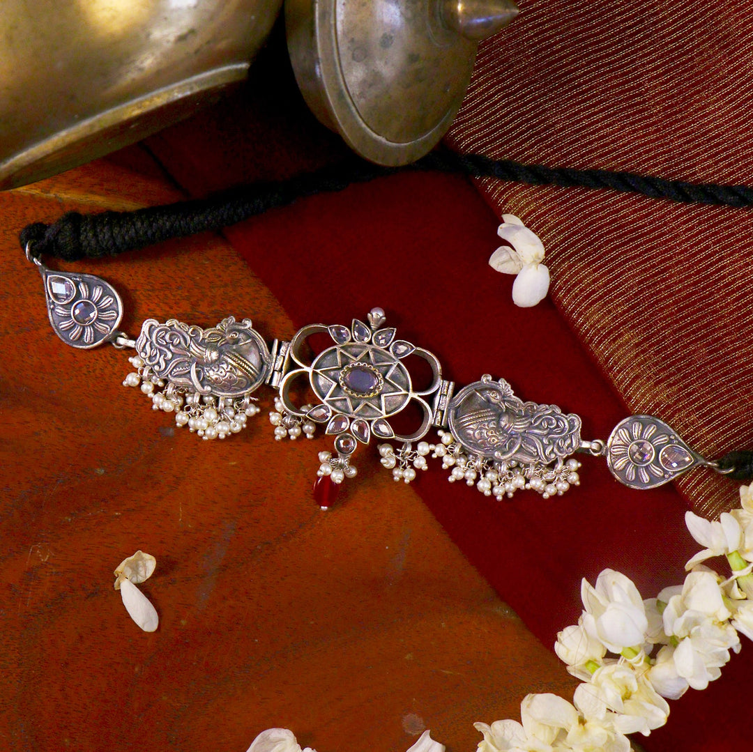 Dancing Dual Peacock White Silver Oxidized Choker Necklace