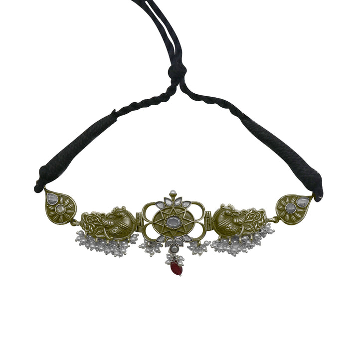 Dancing Dual Peacock White Silver Oxidized Choker Necklace