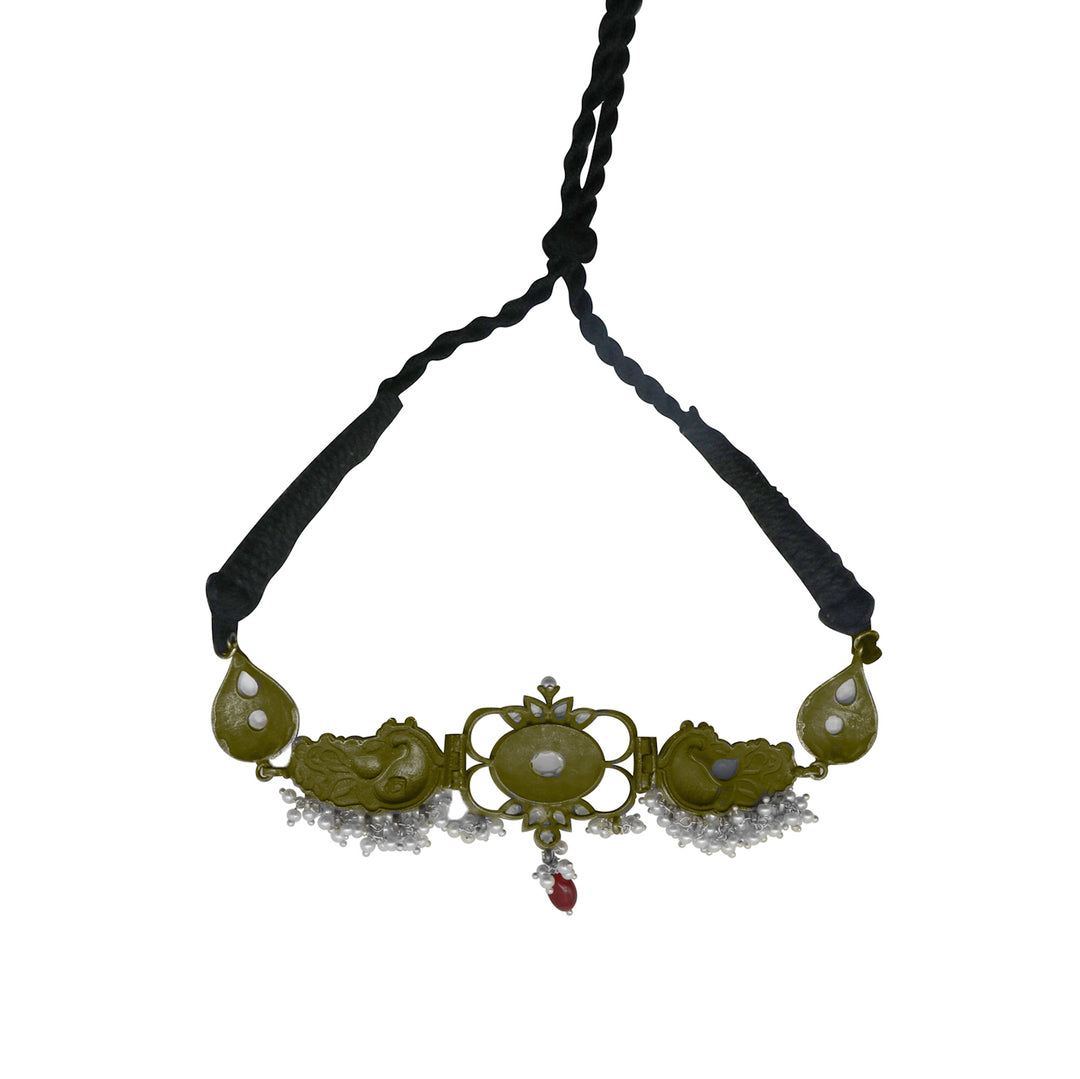 Dancing Dual Peacock White Silver Oxidized Choker Necklace