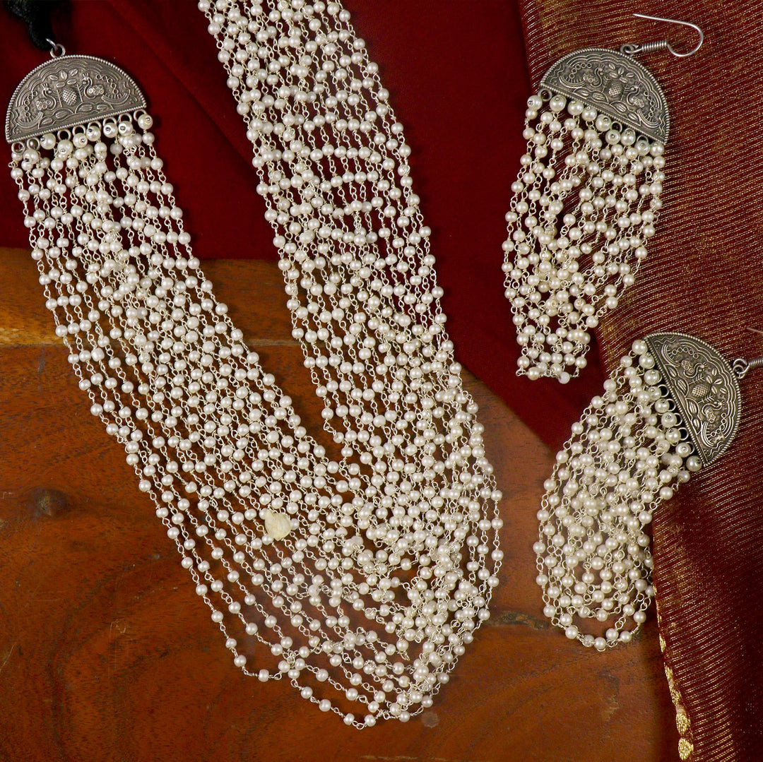 Charu Pearl Layered Silver Oxidized Necklace Set